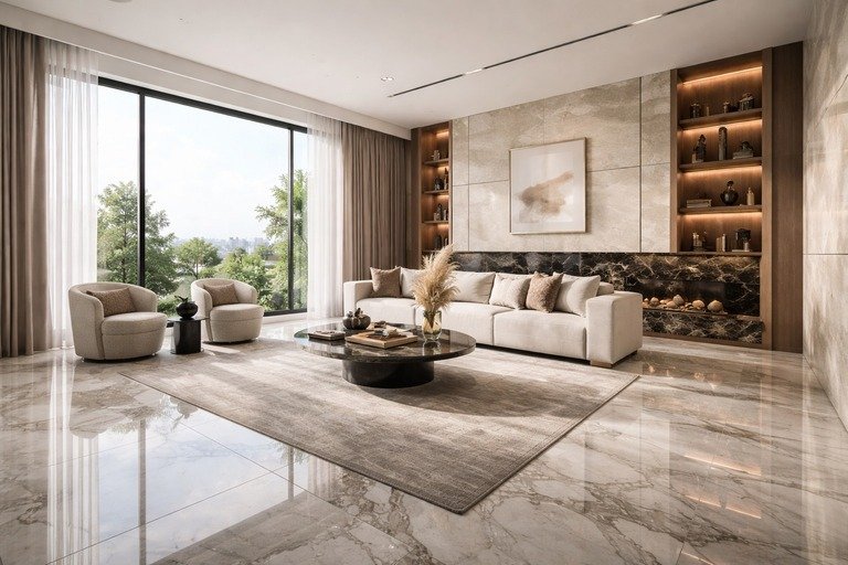 Living room with marble floor and stone wall cladding