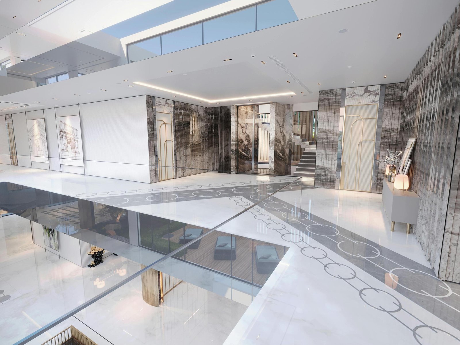 Modern interior corridor finished with marble wall panels