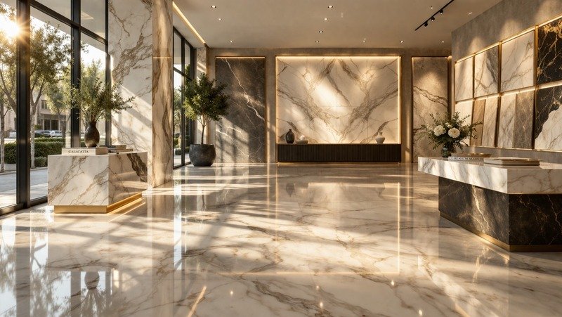 Sunlit showroom with stone floors and illuminated marble slabs